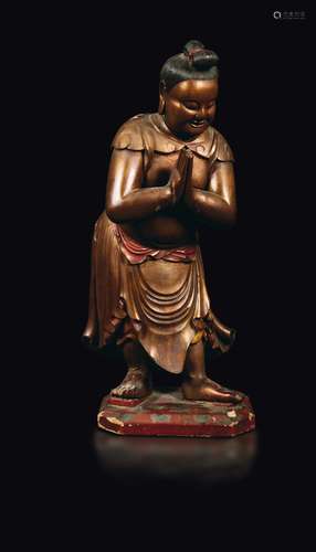 A gilt and lacquered wood figure of Sudhana, China, Qing Dynasty,  ...