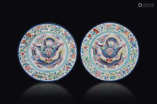 A pair of Canton enamelled dish with flowers and peaches and  ...