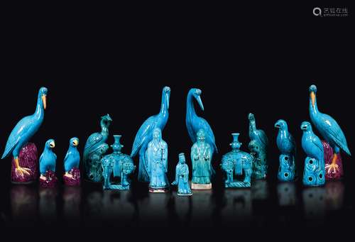 Fifteen turquoise porcelain figures of birds, elephants and  ...