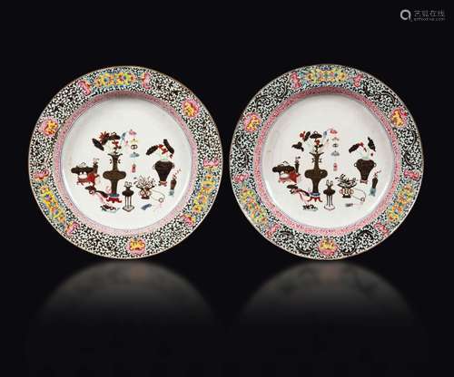 A pair of Canton enamelled dishes with naturalistic decoration,  ...