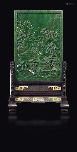 An imperial inscribed spinach-green jade table screen with  ...