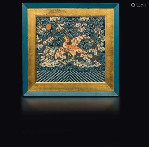 A silk blue-ground cloth embroidered with crane, China, Qing  ...