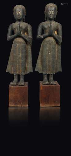 A pair of semi-gilt bronze figures of Buddha, Thailand, 19th  ...