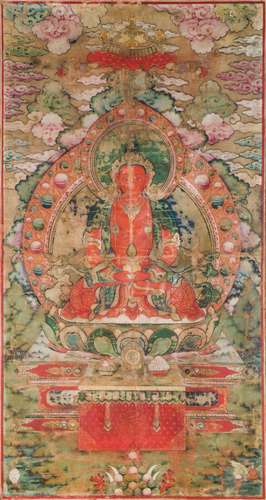 A green-ground tanka with a red figure of Amitayus, Tibet,  ...