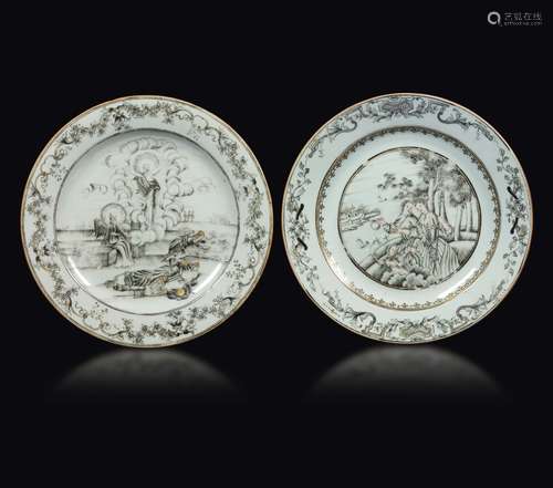 Two grisaille porcelain dishes with European subjects, China,  ...