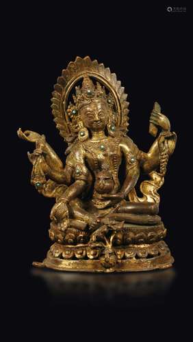 A gilt bronze figure of Vasudhara with turquoise inlays, Nepal,  ...