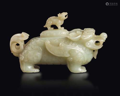 A Celadon white jade Pho dog vase and cover, China, Qing Dynasty,  ...