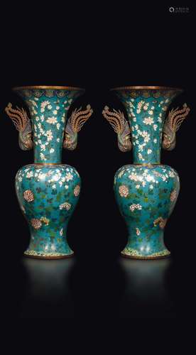 A large pair of cloisonn?enamel phoenixes handles vases with  ...