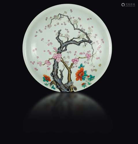 A large polychrome enamelled porcelain dish with cherry blossoms,  ...