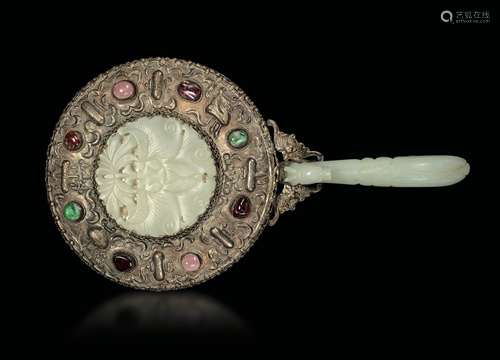 A white jade mirror with semi-precious stone inlays with a  ...