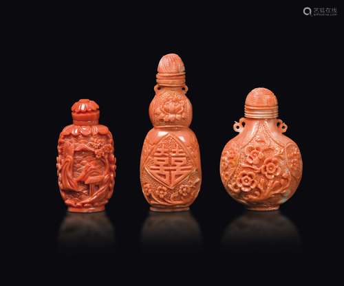 Three carved coral snuff bottles, China, early 20th centur ...