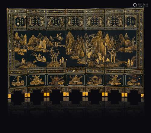 A small lacquered wood screen depicting landscape with figures  ...