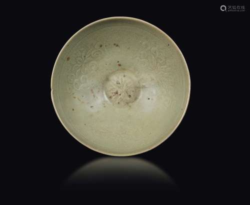 A Celadon-glazed stoneware bowl with floral decoration, China,  ...
