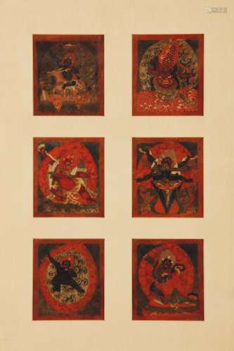 Three frame with miniature tanka depicting deities and prayers,  ...