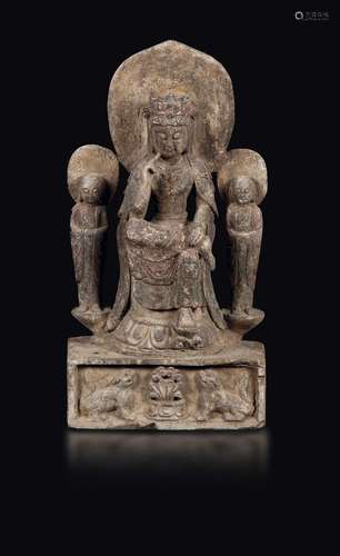 A semi-polychrome stone deity group, China, Wei Dynasty (3 ...