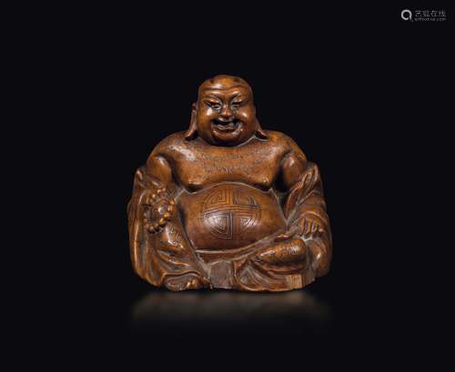 A wooden figure of Budai with silver inlays, Cina, Qing Dynasty,  ...