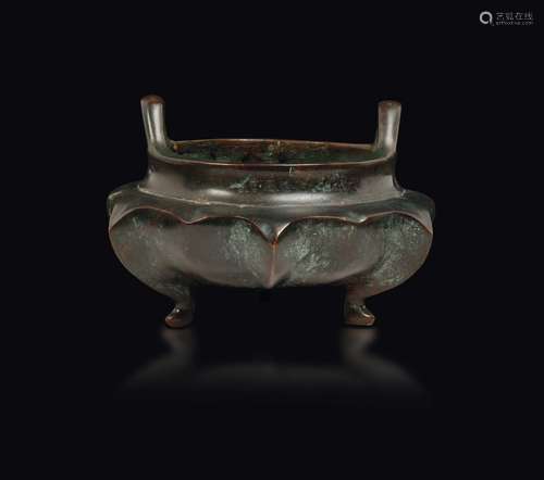 A bronze lotus flower censer with handles, China, Ming Dynasty,  ...