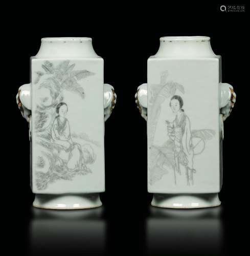 A pair of grisaille porcelain Cong vases with elephant's head-handles  ...