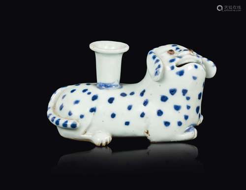 A blue and white porcelain dog candlestick, China, Qing Dynasty,  ...