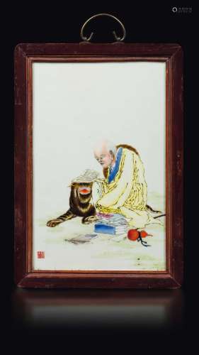 A polychrome enamelled porcelain plaque with wise man, China,  ...