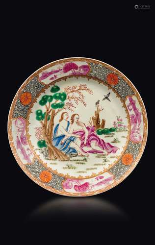 A polychrome enamelled porcelain dish with European subject,  ...