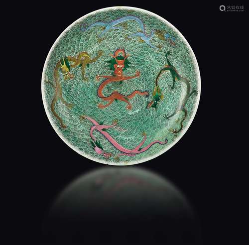 A large polychrome enamelled porcelain dish with five dragons,  ...