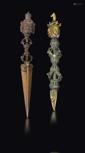 Two bronze phurba daggers, Tibet, 19th century