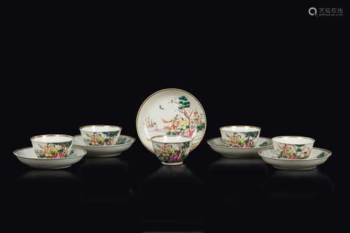 Five polychrome enamelled porcelain cups and dishes with European  ...