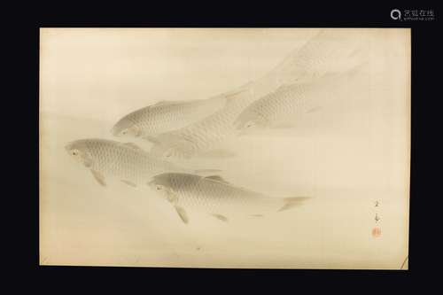 A watercolor on silk with carps and inscription, Japan, 19th  ...