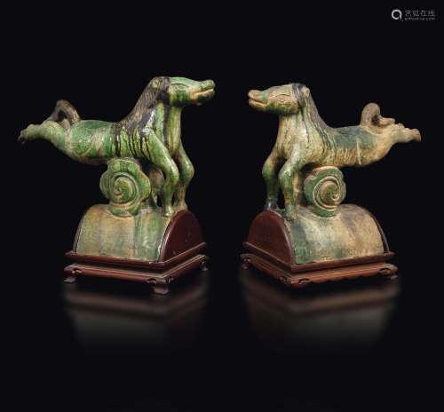 A pair of Sancai glazed pottery shingles with horses, China,  ...