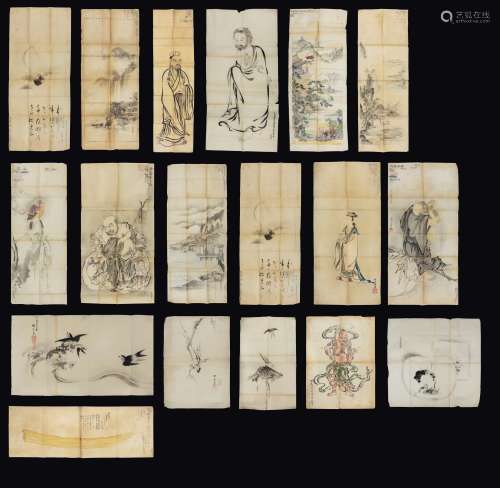 Eighteen painting on paper with inscriptions depicting landscapes,  ...
