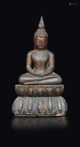 A wooden figure of seated Buddha, Cambodia, 17th century