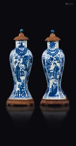 A pair of blue and white vases and wooden cover with Guanyin,  ...