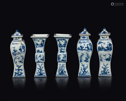 A blue and white garniture of five vases, China, Qing Dynasty,  ...