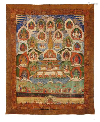 An highlighted silk tanka with stupa and different deities,  ...