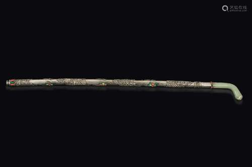 A silver stick with jade handle with semi-precious stones  ...