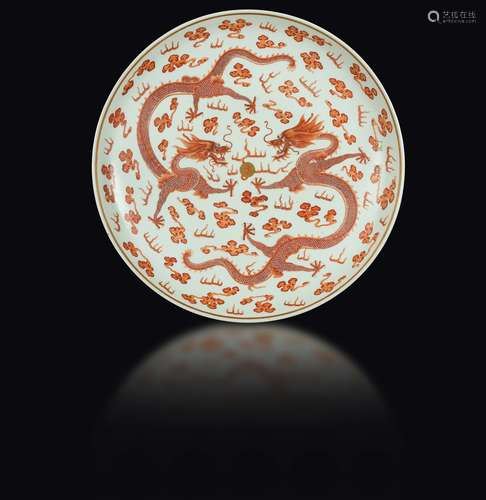 A large pair of polychrome enamelled porcelain dishes with  ...