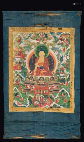 An highlighted silk green-ground tanka with Buddha, Tibet,  ...