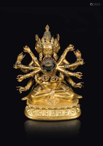 A gilt bronze figure of Guhyasamaja on a double lotus flower  ...