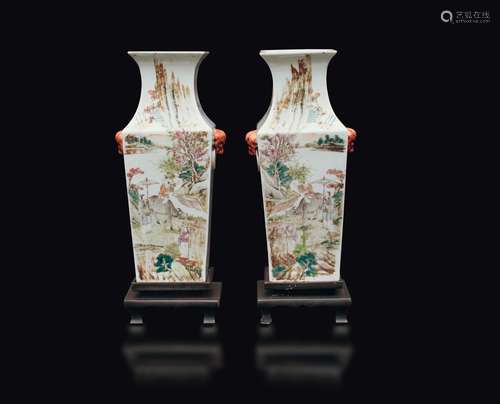 A pair of polychrome enamelled porcelain vases with poem and  ...