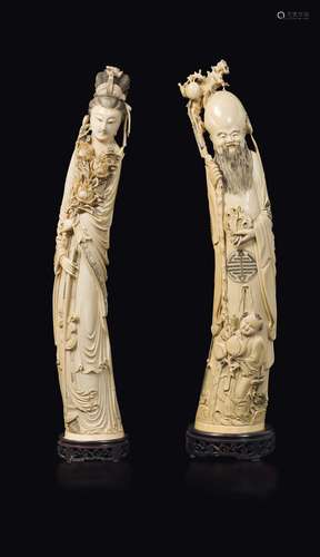 Two carved ivory figures, a Guanyin with roses and a Shoulao  ...