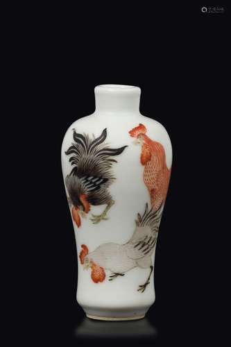 A polychrome enamelled porcelain roosters snuff bottle, China,  ...