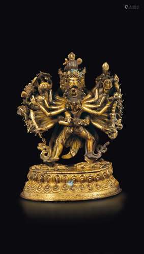 A gilt bronze figure of Guhyasamaja on a double lotus flower,  ...