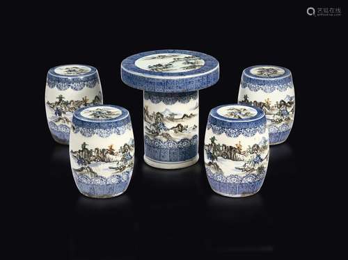 Four porcelain garden seats and a table with landscape, China,  ...