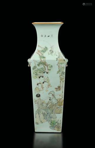 A polychrome enamelled porcelain squared vase with landscape,  ...