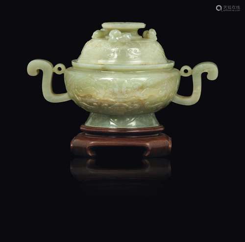 A Celadon white jade censer and cover with rams, China, Qing  ...