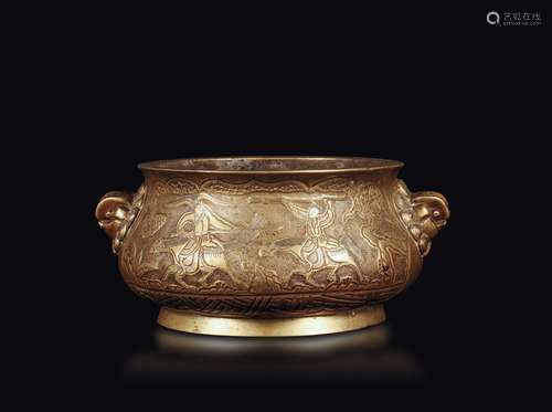 A rare gilt bronze censer with battle scenes, China, Qing  ...