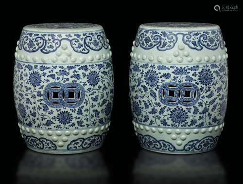 A pair of blue and white garden seats, China, Qing Dynasty,  ...