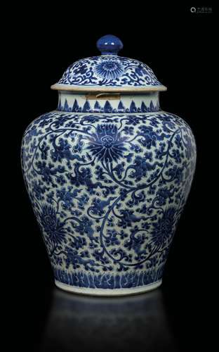 A blue and white potiche and cover with lotus flowers, China,  ...