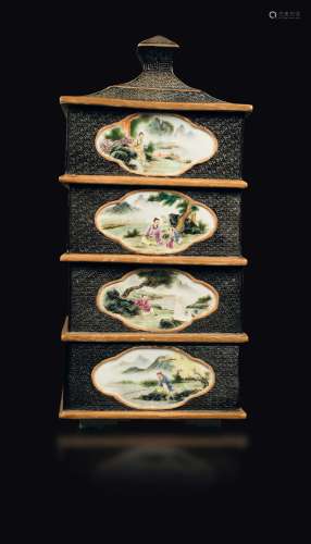 A polychrome enamelled porcelain pagoda food box with inscriptions  ...